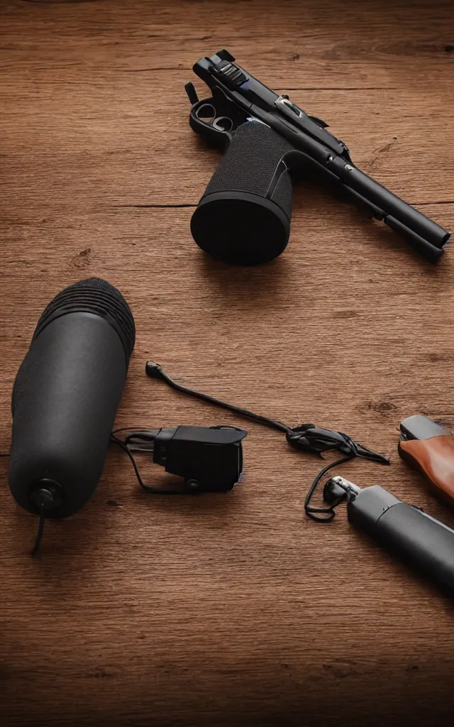 Prompt: a microphone next to a pistol on a wooden table, photo, canon, 8 k hd