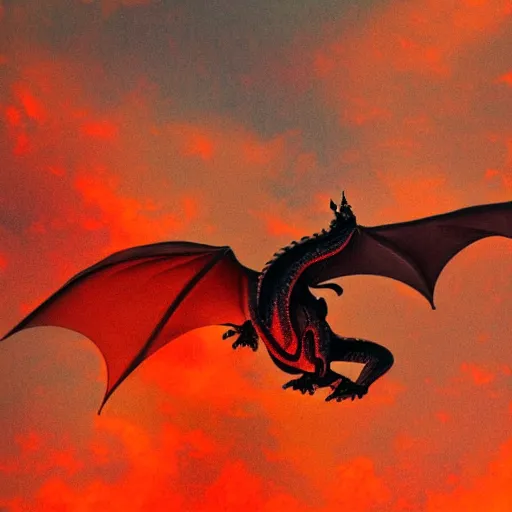 Prompt: dragon flying through a red thunderstorm.