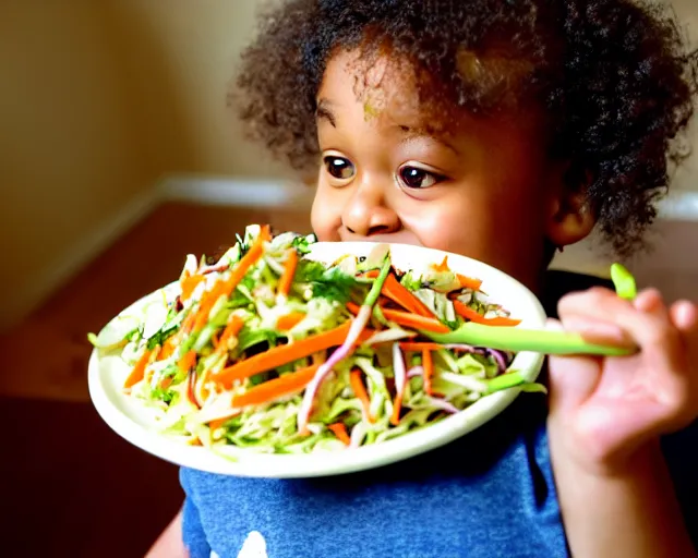 Image similar to Child happily eating vegetable slaw, tasty sliced chopped veggie dish, award-winning photograph!