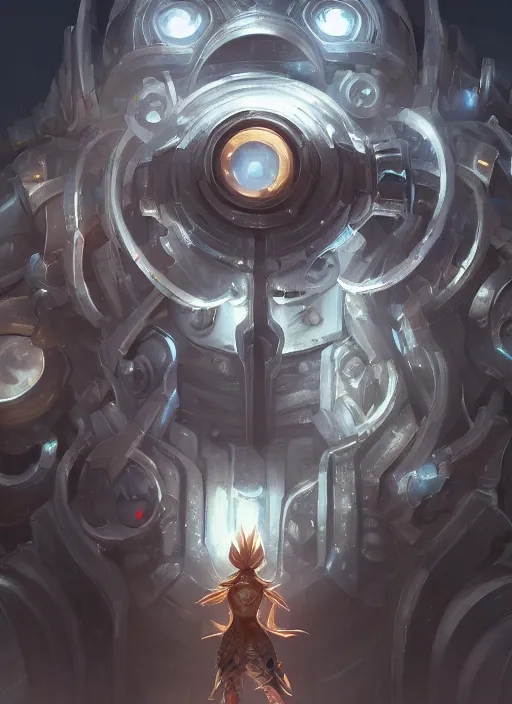 Image similar to a highly detailed illustration of colossal silver mechanical giant, with big glowing iron giant eyes, gentle calm doting pose, intricate, elegant, highly detailed, centered, digital painting, artstation, concept art, smooth, sharp focus, league of legends concept art, WLOP