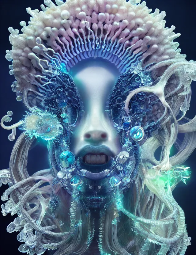 Image similar to goddess macro close - up portrait wigh crown made of ram skull. betta fish, jellyfish phoenix, bioluminiscent, plasma, ice, water, wind, creature, super intricate ornaments artwork by tooth wu and wlop and beeple and greg rutkowski