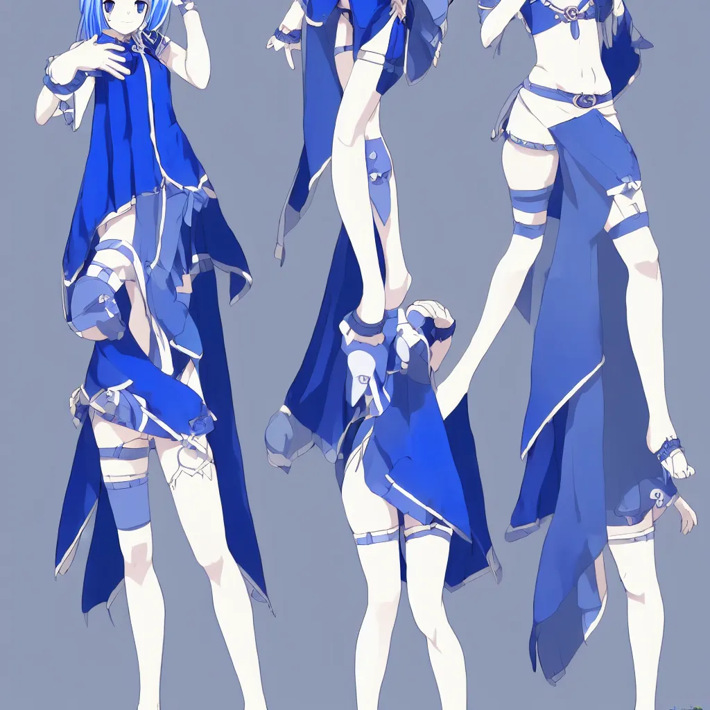Prompt: a blue-haired alchemist girl, wearing a headband, short pale tunic and white stockings, high boots, azure cape, anime model sheet; in the Japanese fantasy videogame; character concepts; trending on artstation, highly detailed, clean lineart