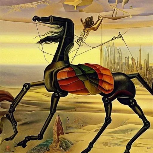 Image similar to an extremely long and spindly mechanical horse in a futuristic victorian city, oil painting, style of salvador dali and richard dadd