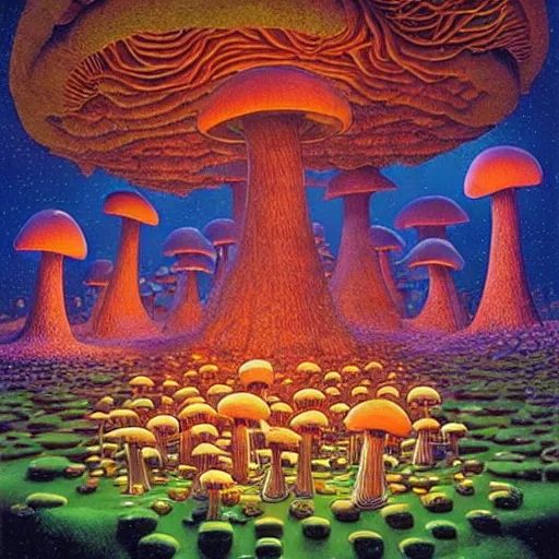 Image similar to glowing mushroom village, art by ricardo bofill, james christensen, rob gonsalves, paul lehr, and tim white