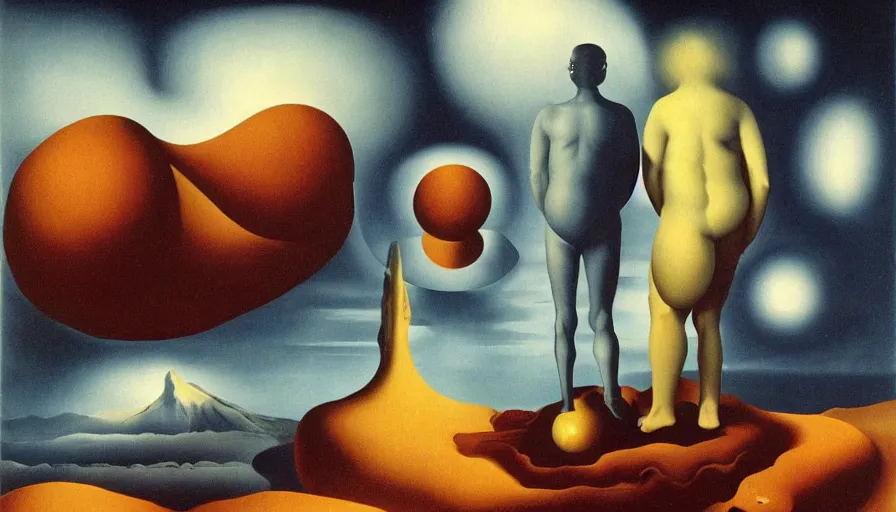 Image similar to parallel universe between forbidden knowledge and maddening strangeness by salvadore dali and rene magritte, extremely high detail, 8 k