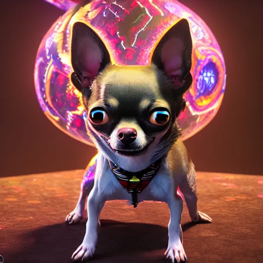 Prompt: an anthropomorphic chihuahua living in an extradimensional reality where it is a god, in the style of wlop, illustration, epic, fantasy, hyper detailed, smooth, unreal engine, sharp focus, ray tracing, physically based rendering, renderman, beautiful