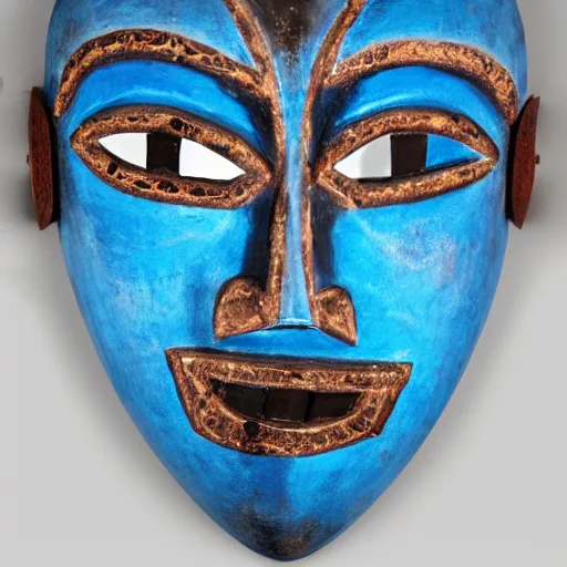 Image similar to a dark African ritual mask with light blue details, realistic, photography