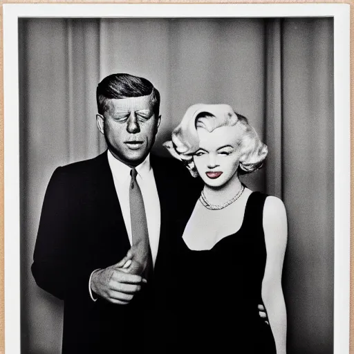 Prompt: damaged photo of marilyn monroe and jfk by diane arbus, black and white, high contrast, soft focus, rolleiflex, 5 5 mm f / 4 lens