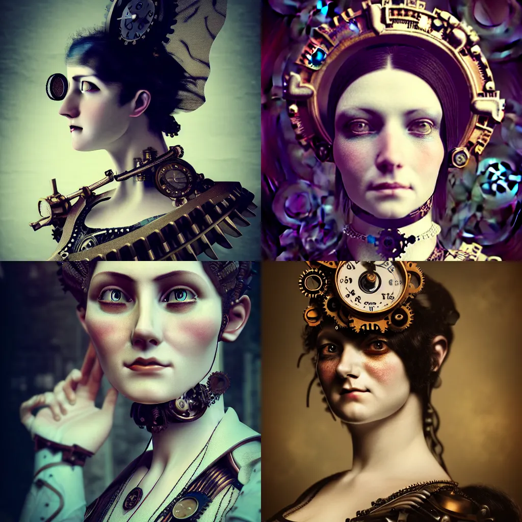 Prompt: a beautiful mechanical victorian woman with a cracked porcelain face, steampunk, gears, gauges, intricate details, portrait, realistic octane render, shallow depth of field, 8k