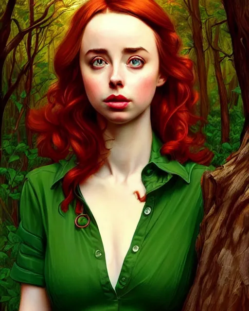 Prompt: gorgeous Kacey Rohl, realistic character concept, red hair, symmetrical face, symmetrical eyes, green dress, forest, trees, shorter neck, cinematic lighting, artgerm, Norman Rockwell, Joshua Middleton, Adreas Rocha, beautiful