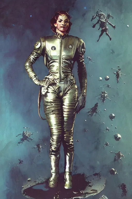 Prompt: pulp scifi fantasy illustration full body portrait of elegant woman wearing leather and metal spacesuit, by norman rockwell, jack kirby, bergey, craig mullins, ruan jia, jeremy mann, tom lovell, 5 0 s, astounding stories, fantasy