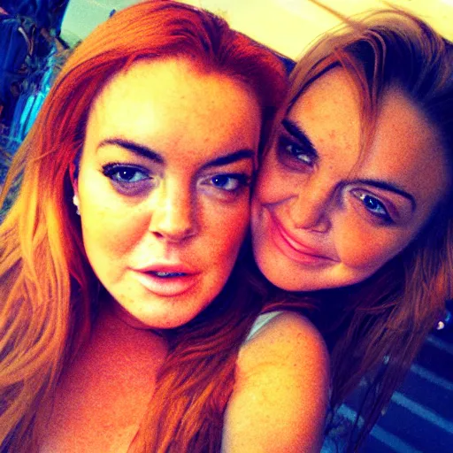 Image similar to Selfie photograph of Lindsay Lohan and Lindsay Lohan, golden hour, 8k,