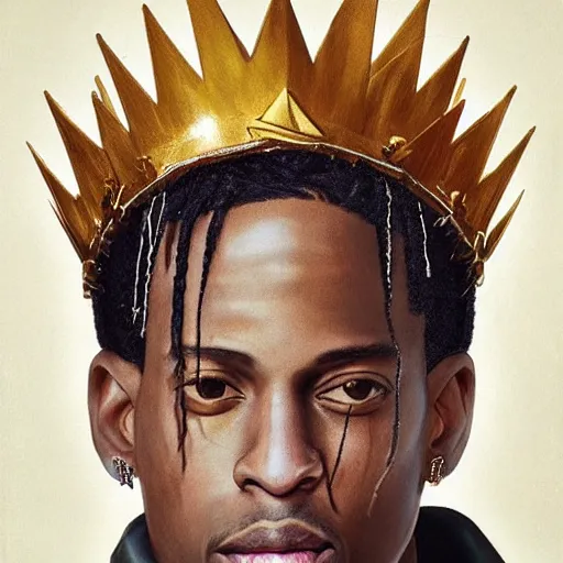 Image similar to travis scott with a golden crown, album cover,, a character portrait by weiwei, cgsociety, sots art, official art, art, character,