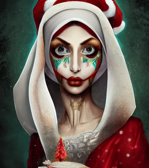 Image similar to beautiful female character inspired by venice carnival, christmas and nun | | digital artwork made by greg rutswork, anna dittmann and lois van barlee, symmetrical, anatomically correct