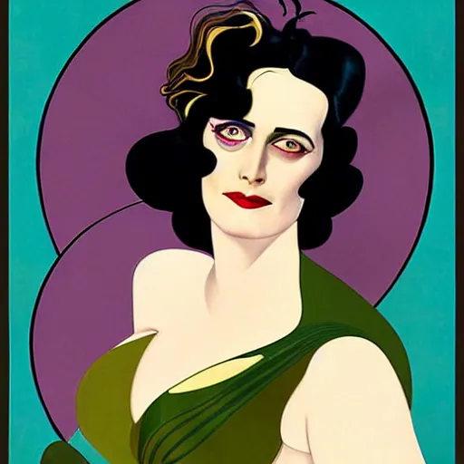 Prompt: Eva Green is Metamorpho, the Element Woman, Art by Coles Phillips, Chalk white skin, deep purple hair, Green eyes, Orange background, Mucha, Portrait of the actress, Eva Green as Metamorpho, carbon black and antique gold