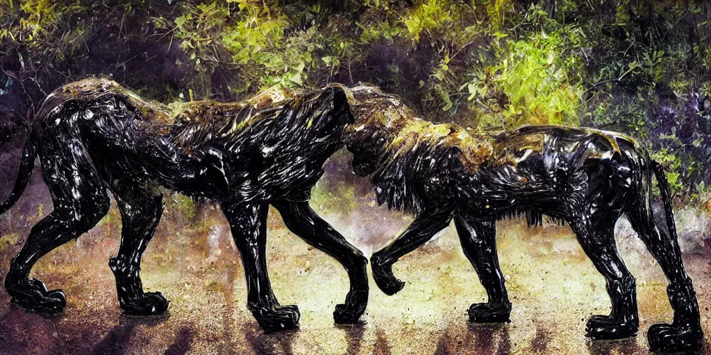 Prompt: the black lioness made of ferrofluid, walking in the suburban neighborhood, dripping tar. painting, environment art, realistic, detailed