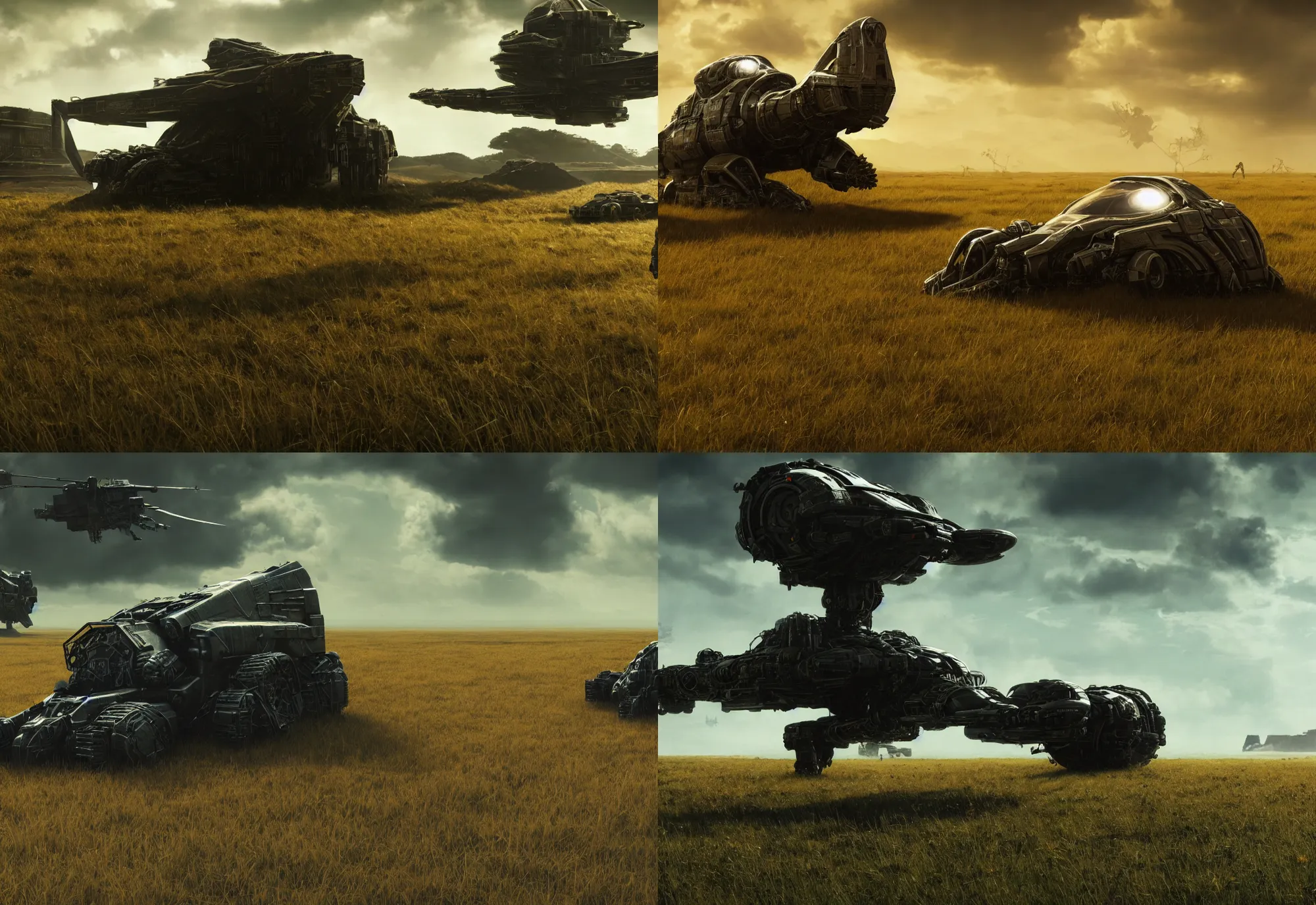 Prompt: neil blomkamp film landscape, hyper realistic, cinematic, perfect composition, golden ratio, extreamly detailed, detailed grass, detailed crash space ship, detailed sky, physical correct lgiht and shadow, photorealistic, octane render 8 k