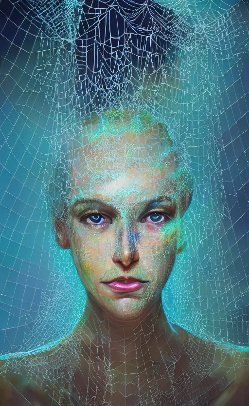 Image similar to a oil painting hyperrealism of a beautiful woman, cobwebs, spider makeup, cobwev headdress, 8 k resolution, octane render, trending on artstation, by gediminas pranckevicius, volumetric light 2 blue fractal thunder glow by dan mumford, anaglyph effect, laurie lipton