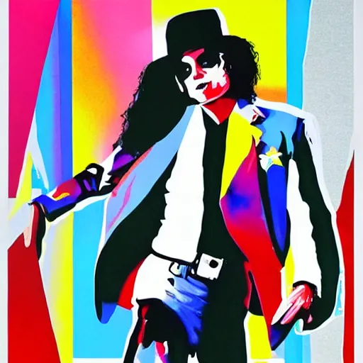 Prompt: paining of Michael Jackson moon walking, pop art, white suit and hat