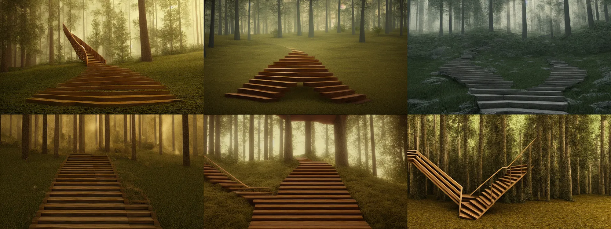 Prompt: single object short wooden staircase in the middle, forest, realistic, featured in artstation, octane render, cinematic, elegant, intricate, 8k