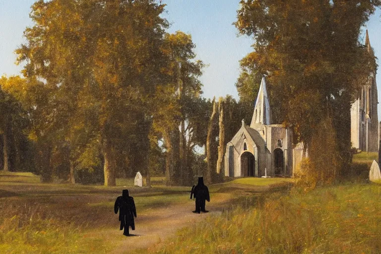 Prompt: a detailed oil painting of darth vader leaving a quaint medieval flint church, english, churchyard, trees, golden hour, lead - covered spire