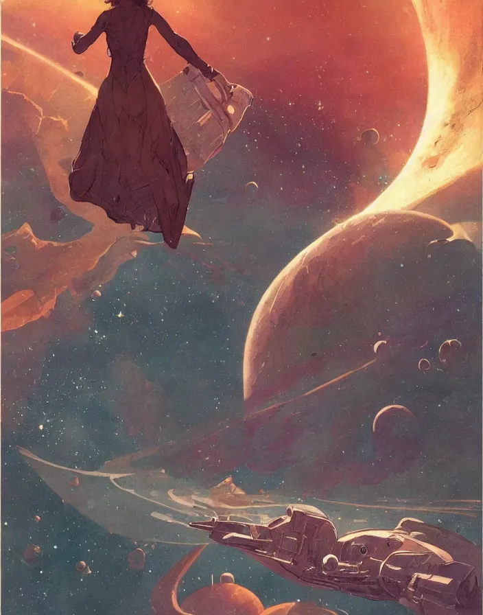 Image similar to illustrated by moebius and greg rutkowski, romantic space scene with young girl!!!!, orbit of earth, futuristic orbital station!!!!, nebulae!!, starry sky!!, rule of third!!!!, vintage cover of sci - fi magazine, cinematic