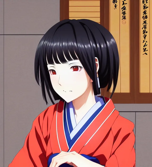 Prompt: anime visual, portrait of a japanese woman in traditional clothes outside a temple playing shogi, cute face by ilya kuvshinov, yoshinari yoh, makoto shinkai, katsura masakazu, dynamic perspective pose, detailed facial features, kyoani, rounded eyes, crisp and sharp, cel shad, anime poster, ambient light