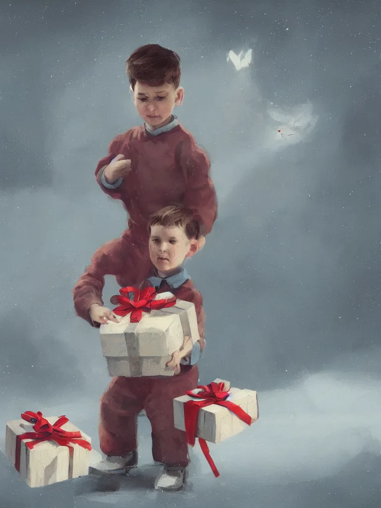 Image similar to a cute boy with a giftbox with bow and ribbon in a painting from stalenhag, 4 k, 8 k, hdr, artstation, concept art