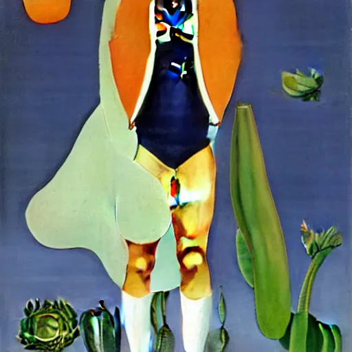 Prompt: Young Spanish man is Super Spy Captain, the Electric Boy, Art by Coles Phillips and Joshua Middleton, socks, Rene Magritte, succulent plants Chalk white skin, deep purple hair, Green eyes, Orange background, Mucha, Portrait of the man, surreal, ,carbon black and antique gold