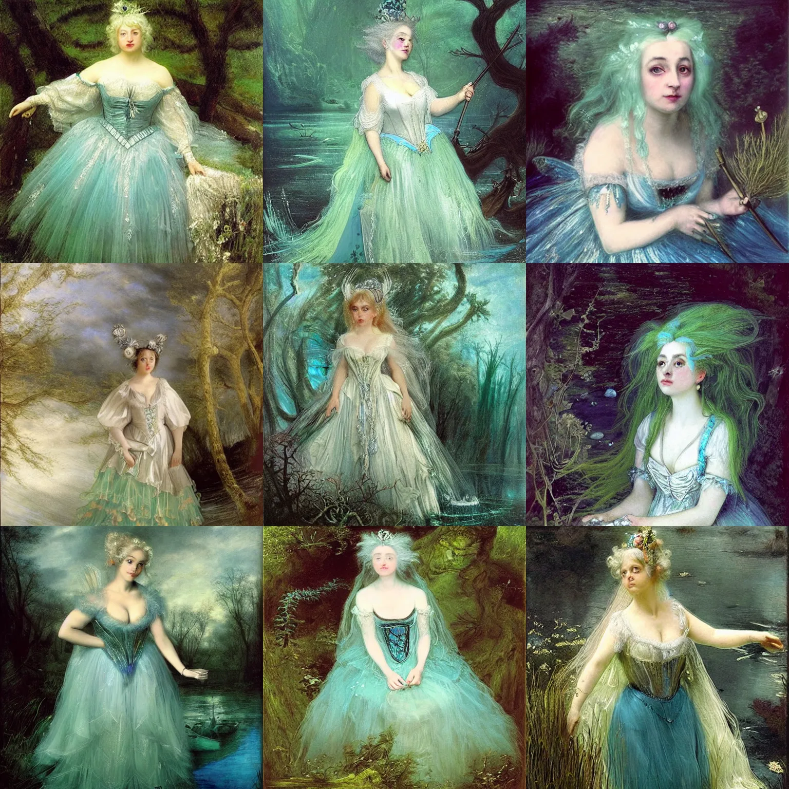 Prompt: A silver haired mad fairy princess from the 18th century, dressed in a Queen Victoria's wedding dress, floathing underwater in a lake, mystical, atmospheric, scarry, greenish blue tones, fantasy concept art by Annie Stegg Gerard, John Anster Fitzgerald, and John Everett Millais