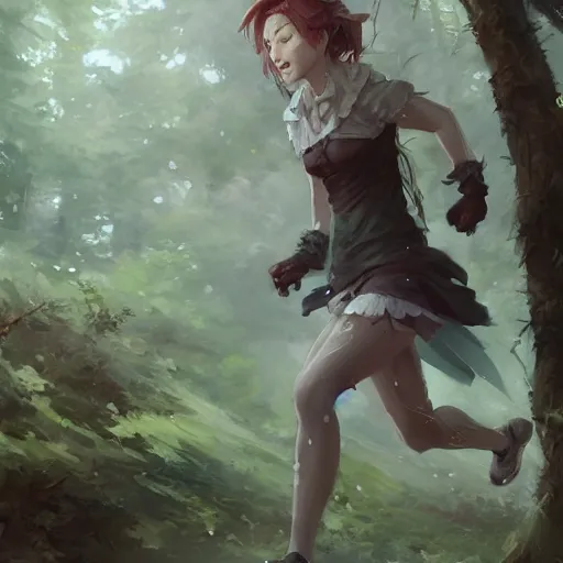 Prompt: a woman running through the forest, a detailed painting by krenz cushart, pixiv contest winner, fantasy art, official art, detailed painting, pixiv. highly detailed. 4 k masterpiece.