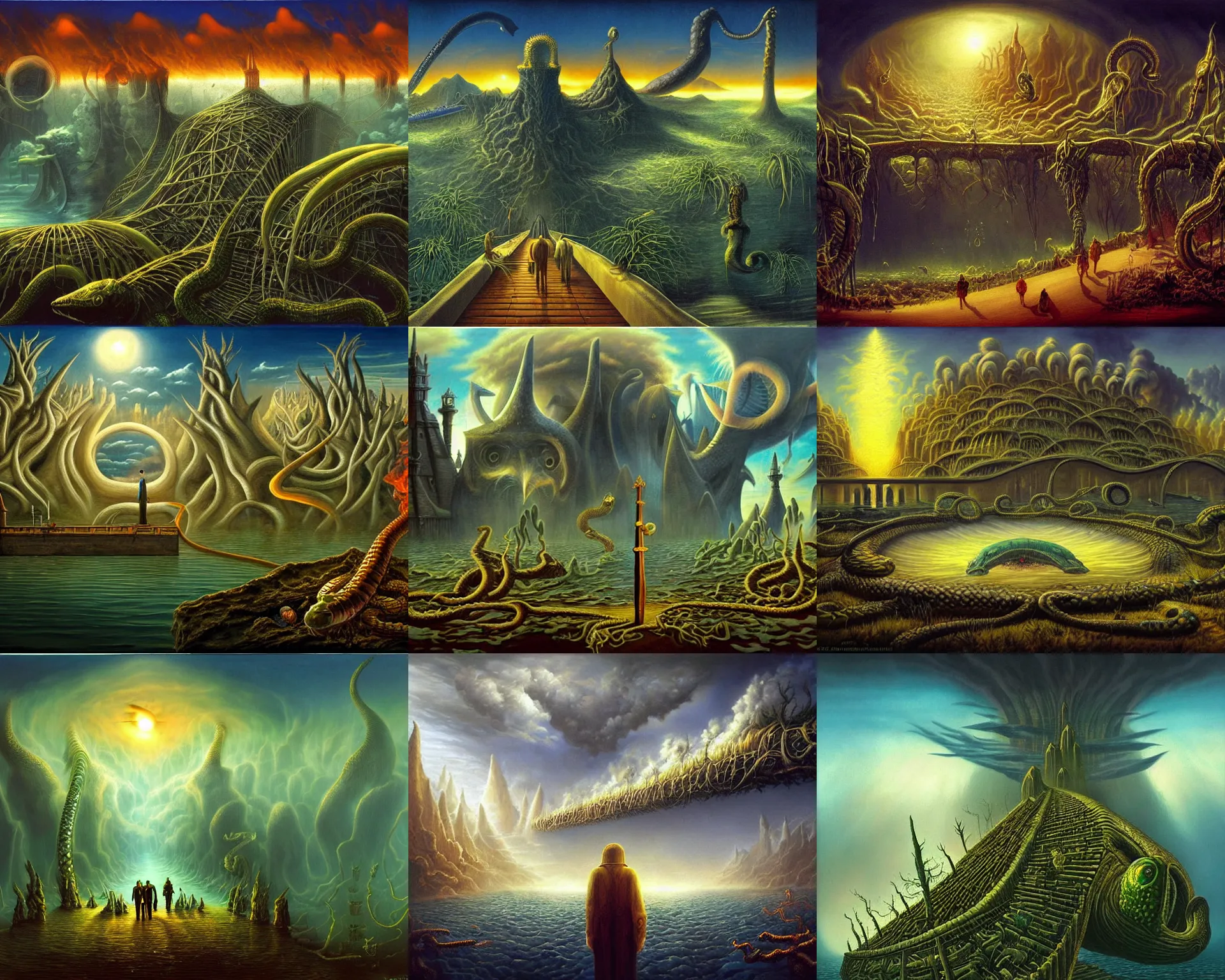 Prompt: underwater end of the world, clouds, fire, demons, plants, bridge, buildings, people, serpent, strange creatures walking around, by vladimir kush and giger