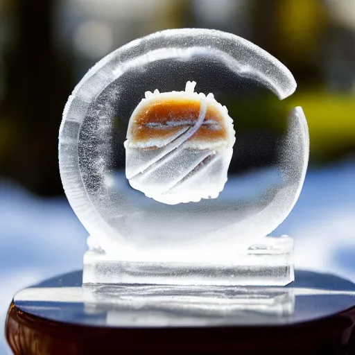 Image similar to a clear ice sculpture of a burger, 4 k