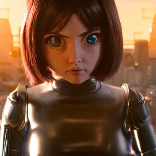 Image similar to Courtney Miller from Smosh as Alita in Alita:Battle Angel, Film Still, 35mm dramatic lighting, cinematic, deep focus, styleframe,