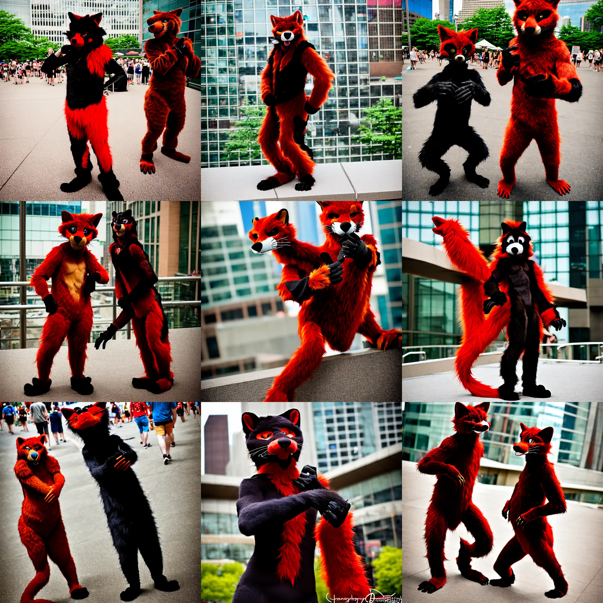 Prompt: fullbody photoshoot photo portrait of a roguish male red - black furred bipedal weasel furry fursona / fursuiter, taken at anthrocon ( furry convention )