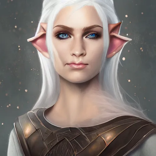 Image similar to portrait of a female half - elf with white skin, white hair, white eyes without pupils, short wavy hair, gray spots on cheeks, trending on artstation, ethereal, gentle smile
