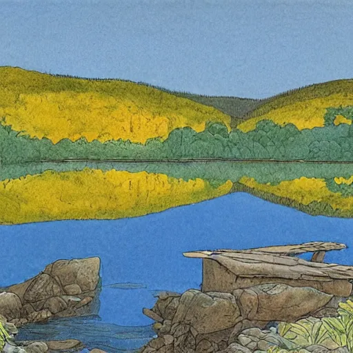 Prompt: by milo manara improvisational, meticulous cool yellow. the computer art of two lakes in connecticut, with mountains in the distance.