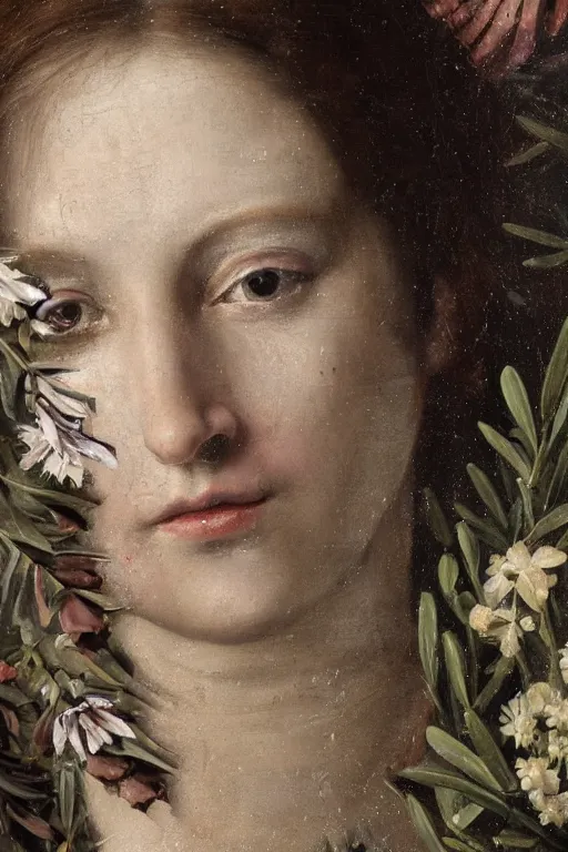 Prompt: hyperrealism close - up mythological portrait of a medieval woman's shattered face partially made of olive branches and flowers in style of classicism, pale skin, wearing silver dress, dark and dull palette