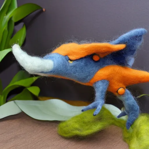 Prompt: a needle felted pterodactyl, needle felting art.