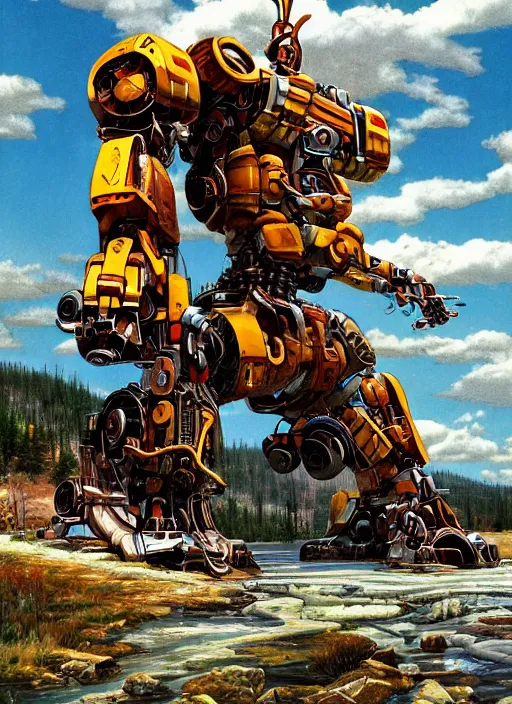 Image similar to realistic physically based rendering of a giant mechanical robot at yellowstone national park by jack kirby and simon bisley, epic, awesome trendy color palette, cinematic