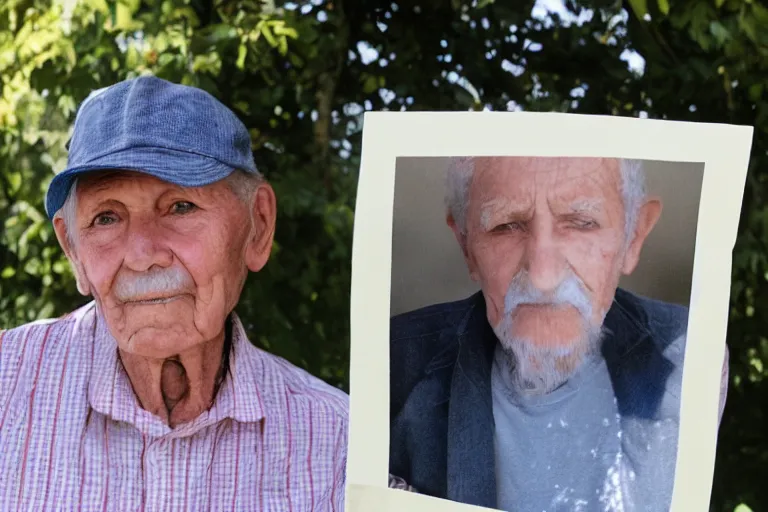 Image similar to young man holding a photograph of him as a old man