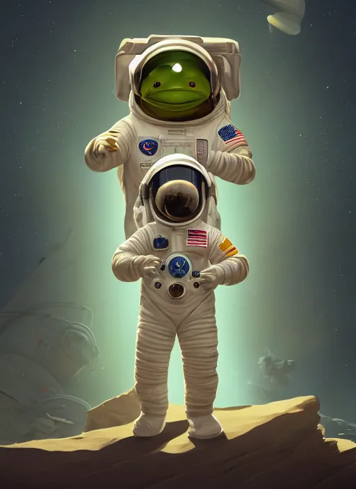 Image similar to an astronaut 🧑🚀 frog 🐸 standing top of the earth 🌎, au naturel, hyper detailed, digital art, trending in artstation, cinematic lighting, studio quality, smooth render, unreal engine 5 rendered, octane rendered, art style by kurzgesagt and nixeu and ian sprigger and wlop and krenz cushart