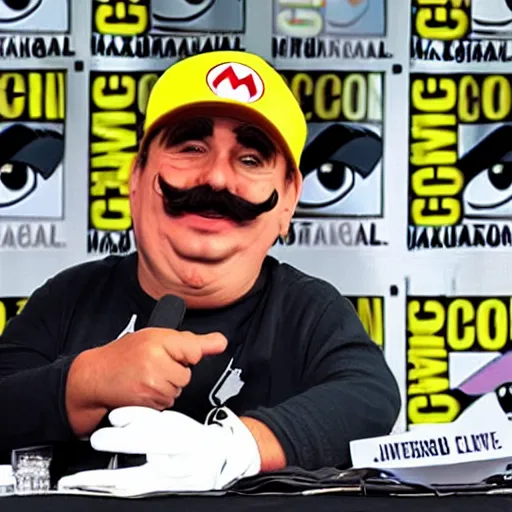 Image similar to Super Mario interviewed on his own Comic Con Panel