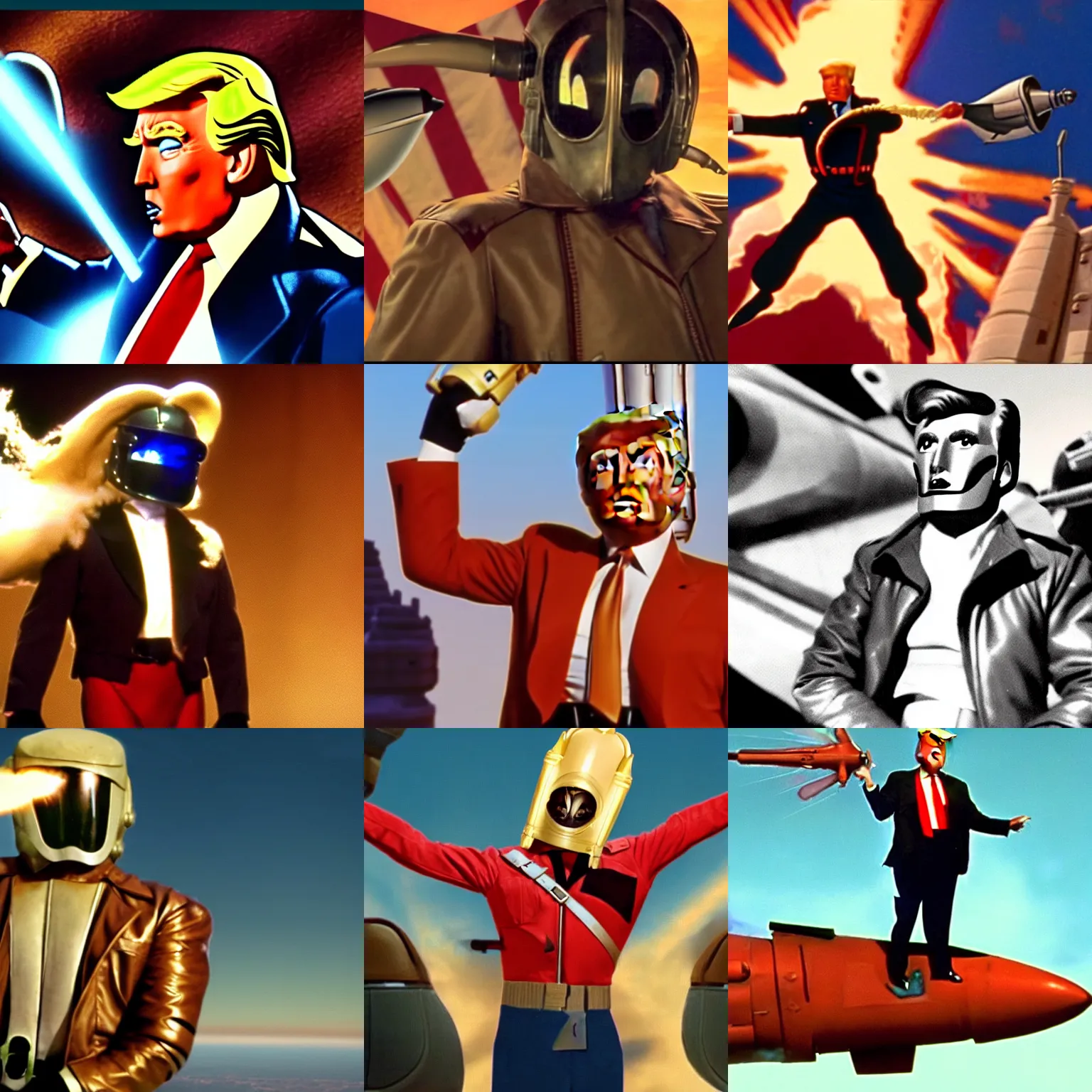 Prompt: screenshot the rocketeer played by portrait donald trump wearing jetpack, 4 k, scene, trump hair