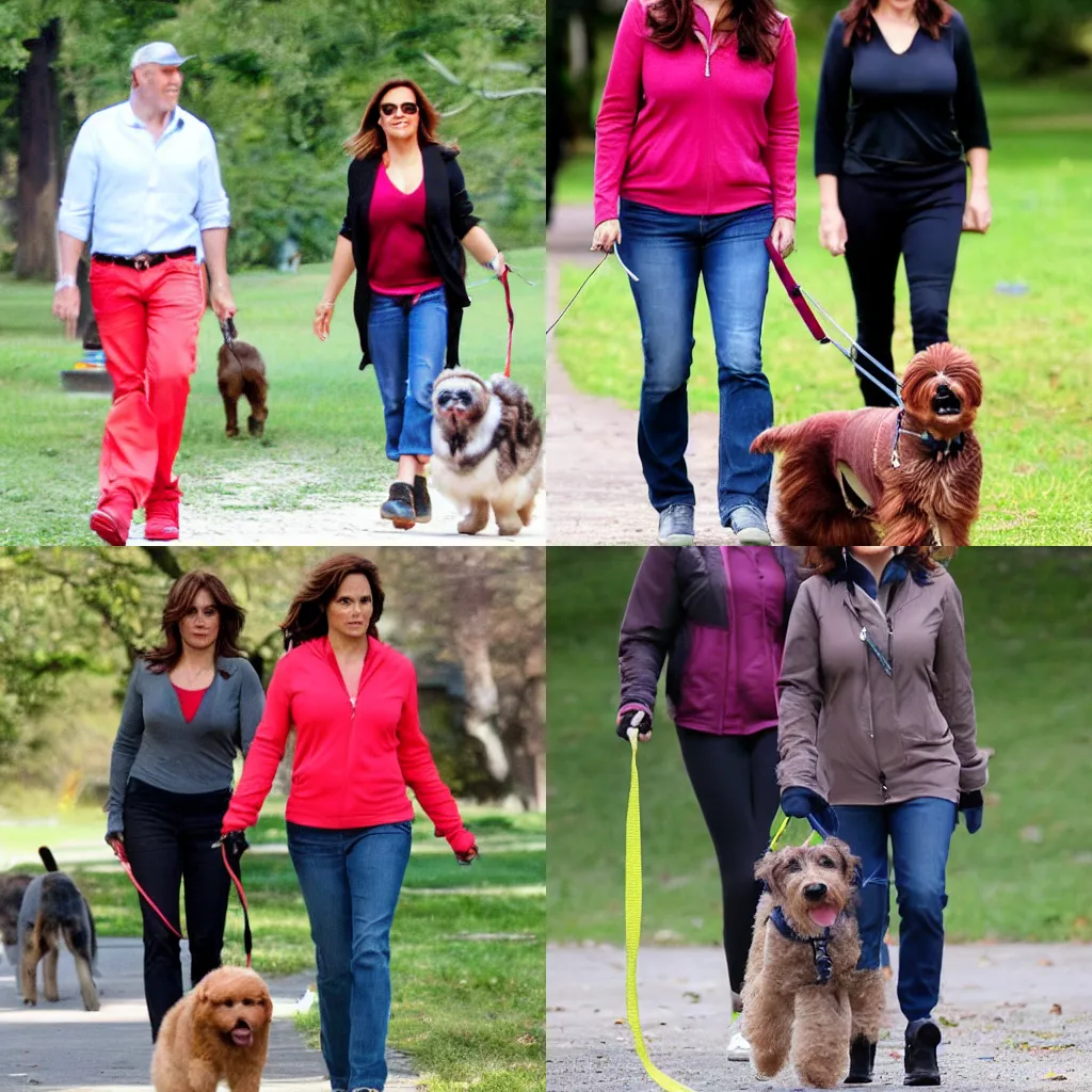 Prompt: mariska hargitay walking her dog in the park