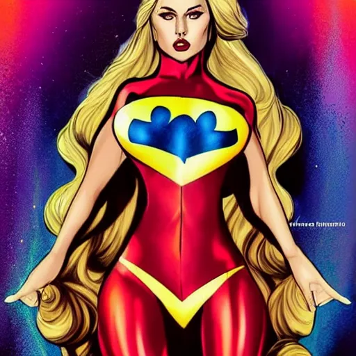 Prompt: Full-body Portrait of a bombshell superhero woman with long brunette hair, skintight rainbow body suit, character design, accentuated feminine features, female superhero proportions, realistic face, detailed face, symmetrical face, comic book cover visual style, dramatic lighting, tonemapping, highly detailed, sharp focus, heavy contour lines, realism, cel shading, vibrant colors, ArtStation, trending on ArtStation, DeviantArt, David Nakayama