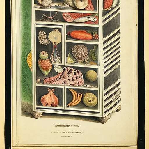 Image similar to anatomical diagram of a refrigerator, by maria sibylla merian