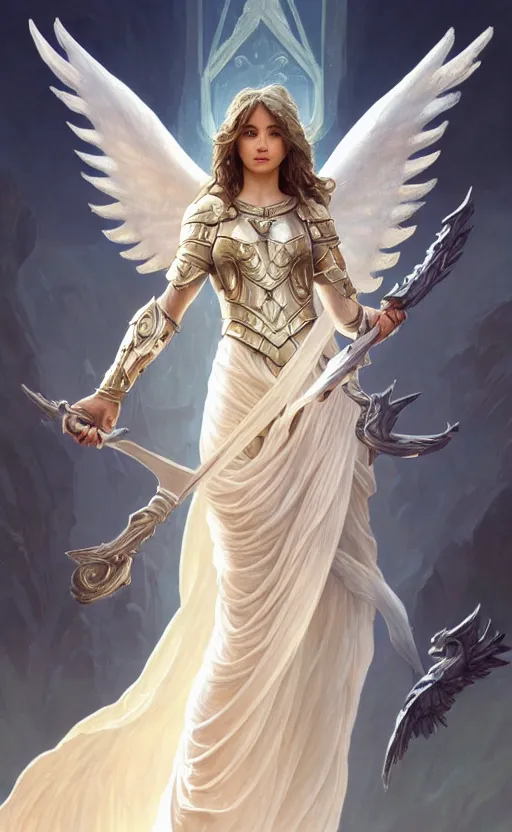 Image similar to angel, high key, full armor cloth, full body portrait, gentle, female, bright marble ruins, landscape, d & d, fantasy, intricate, elegant, highly detailed, digital painting, white gold color palette, artstation, octane render, concept art, matte, sharp focus, illustration, hearthstone, art by artgerm and greg rutkowski and alphonse mucha