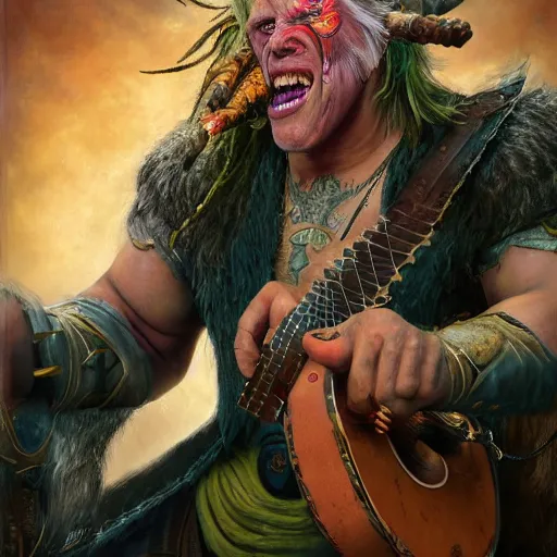 Prompt: detailed photo of a orc bard portrayed by gigachad Gary Busey playing a lute, 8k,by Tristan Eaton, Stanley Artgermm, Tom Bagshaw, Greg Rutkowski, Carne Griffiths, trending on DeviantArt, face enhance, hyper detailed ,full of color, dramatic lightning, epic stance