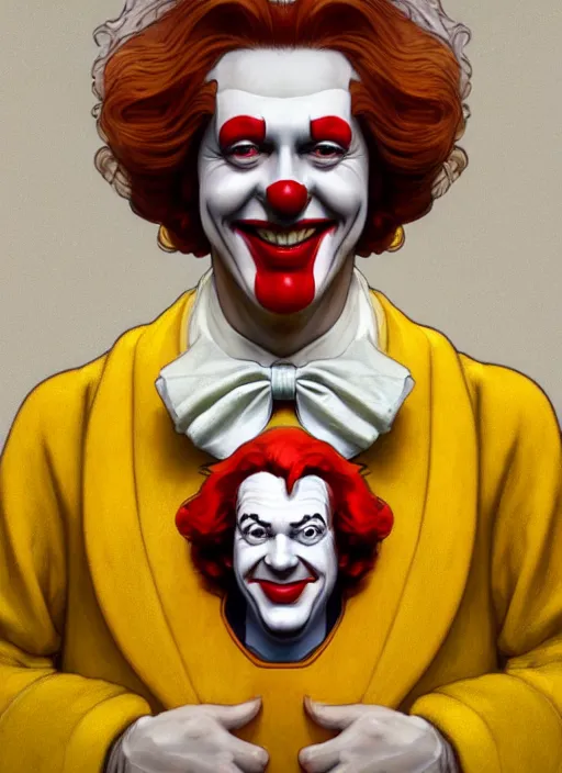 Prompt: close up portrait of ronald mcdonald, court jester, yellow jumper with white collar by artgerm, cushart krenz, greg rutkowski, mucha. art nouveau. gloomhaven, golden arches logo, pale colors, sharp edges. ultra clear detailed. 8 k. elegant, intricate, octane render